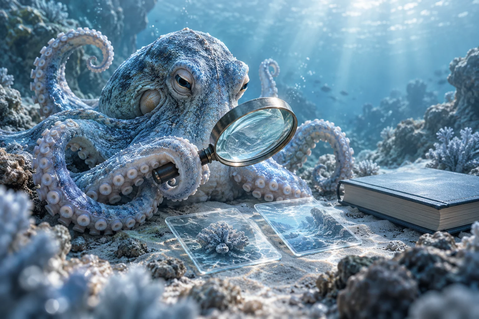 Осьминог изучает прозрачные карточки через лупу рядом с книгой